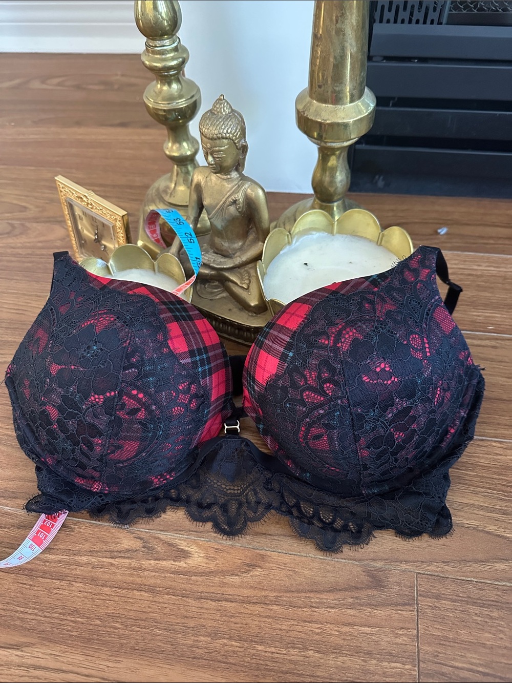 La SENZA Red Plaid Push-Up Bra with Black Lace Trim